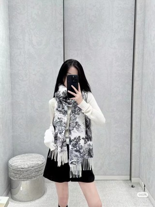 Dior Sauvage Toile de Jouy Monogram Fringe Scarf - Cream/Black view 4