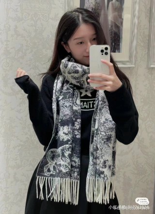 Dior Sauvage Toile de Jouy Monogram Fringe Scarf - Cream/Black view 5