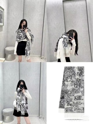 Dior Sauvage Toile de Jouy Monogram Fringe Scarf - Cream/Black view 8