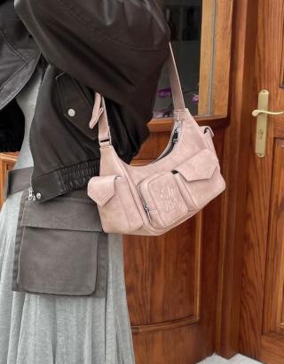 Vintage Leather Multi-Pocket Shoulder Bag - Pink