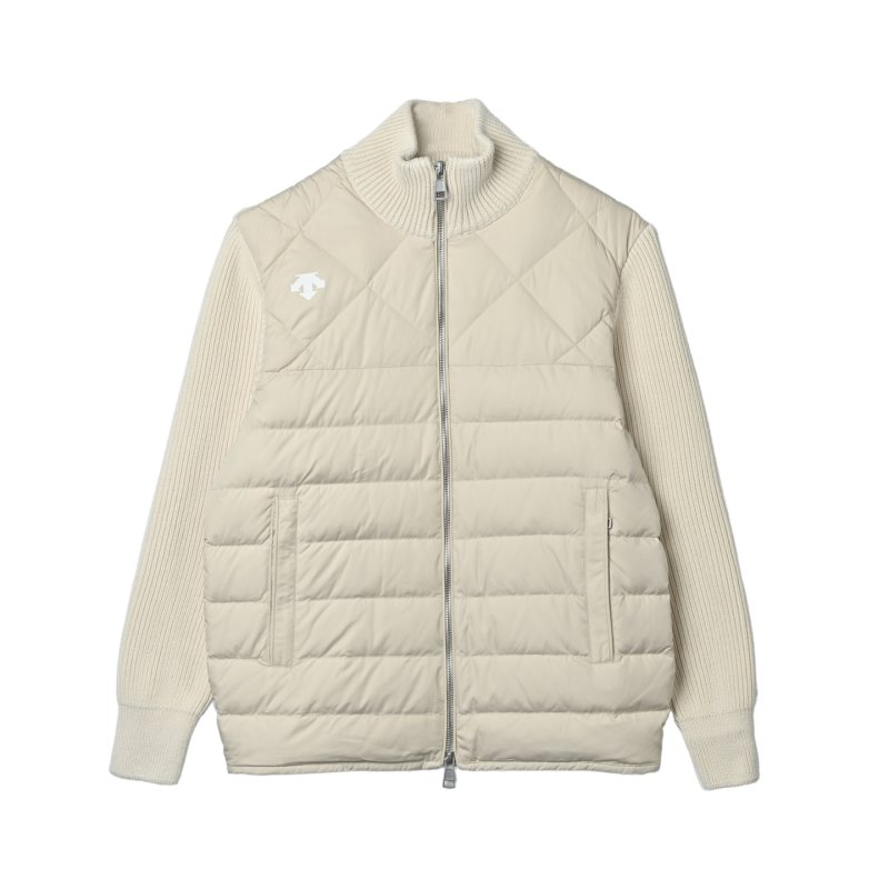 Cream Puffer Down Jacket with Ribbed Knit Sleeves view