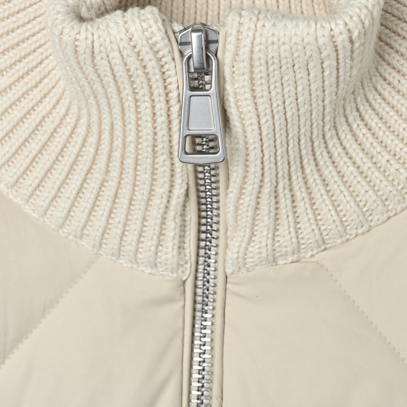 Cream Puffer Down Jacket with Ribbed Knit Sleeves view