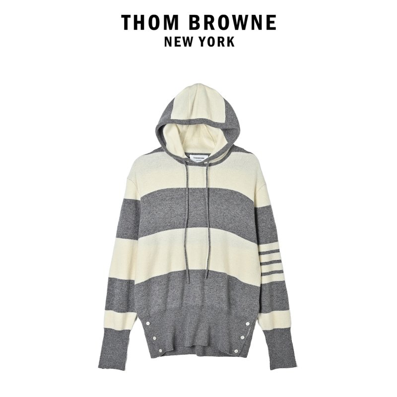 Striped Color-Block Knit Hoodie - Charcoal & Cream view