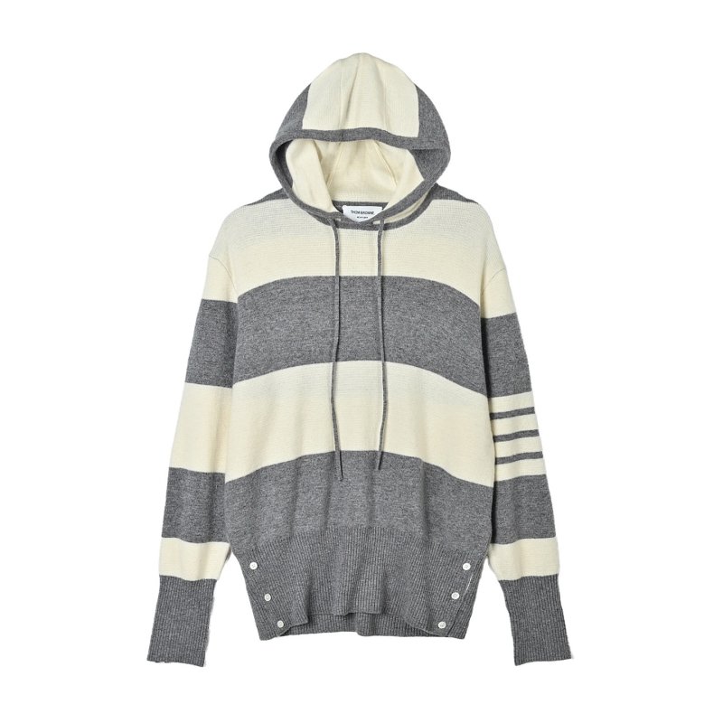 Striped Color-Block Knit Hoodie - Charcoal & Cream view