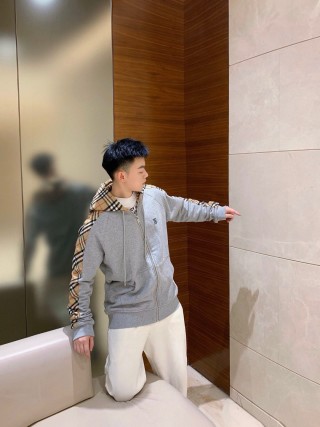 Burberry Grey Zip Hoodie with Nova Check Sleeves view 3
