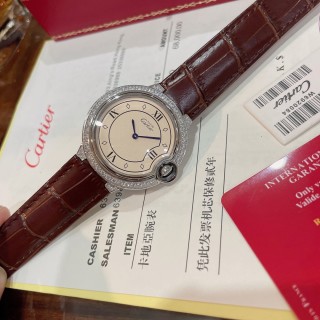 Cartier Ballon Bleu 36mm Burgundy Dial Diamond Bezel Watch view 7