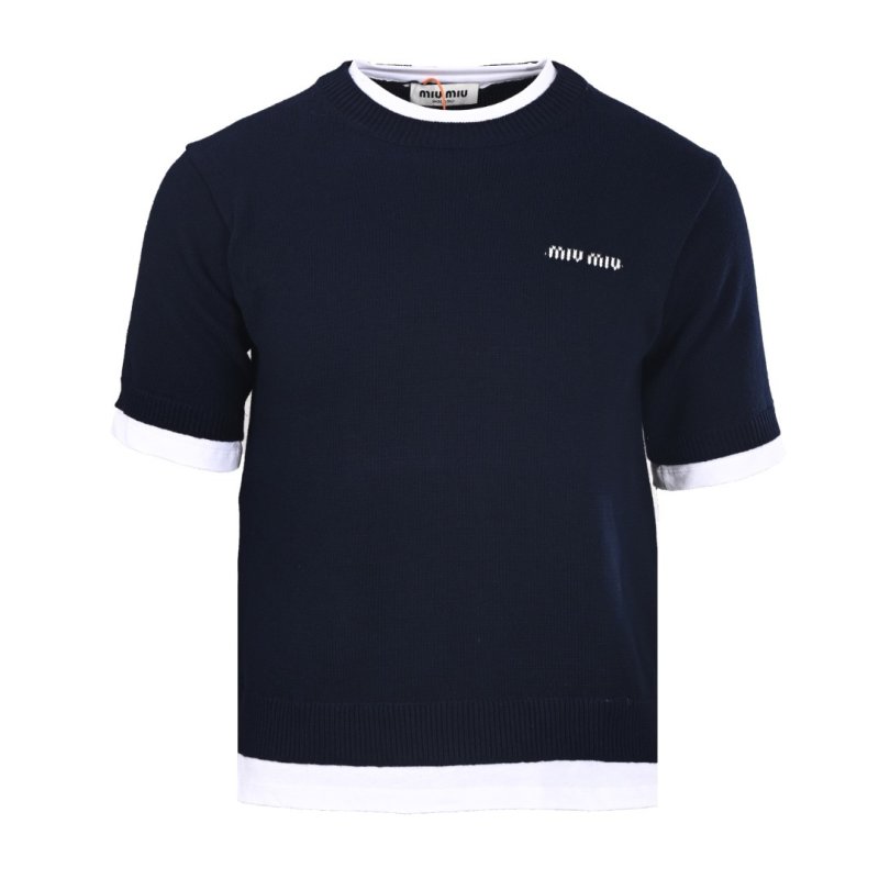 Miu Miu Navy Short Sleeve T-Shirt with White Trim view