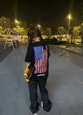 Black USA Flag Skull Graphic Short Sleeve T-Shirt view 3