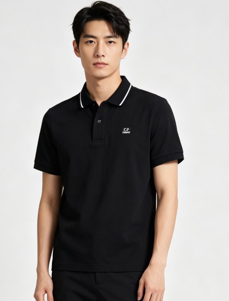 C.P. Company Black Polo Shirt with Striped Collar view