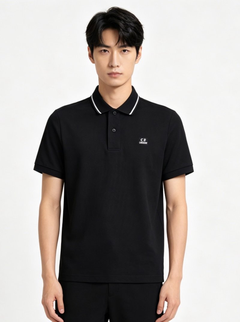 C.P. Company Black Polo Shirt with Striped Collar view