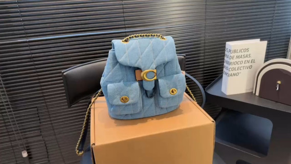 Chanel Quilted Denim Backpack Light Blue Gold Chain