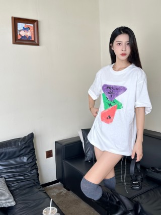 Prada Colorblock Graphic White T-Shirt view 4