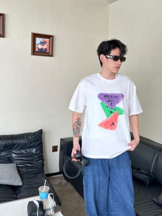 Prada Colorblock Graphic White T-Shirt view 6