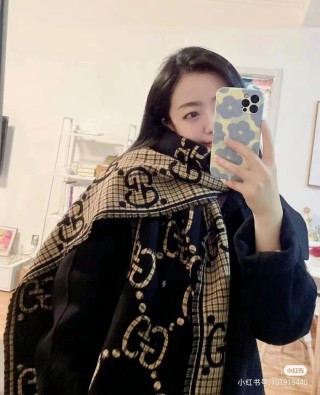 Gucci GG Monogram Wool Blend Scarf - Black & Gold view 6