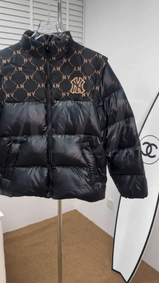 Black Quilted Down Jacket with Gold Monogram Print