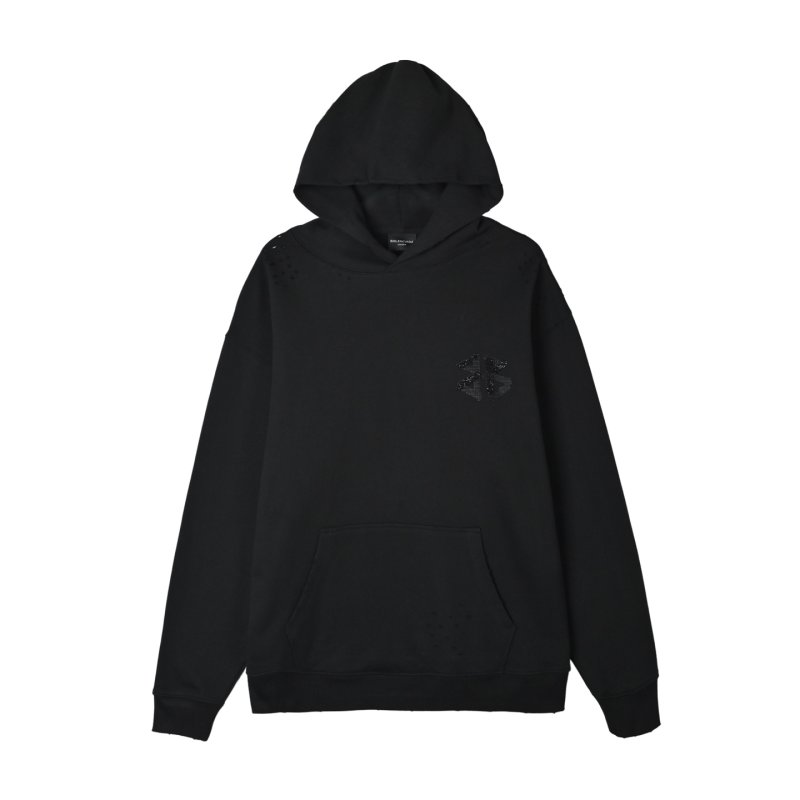 Black Embellished Hoodie with Chest Print view