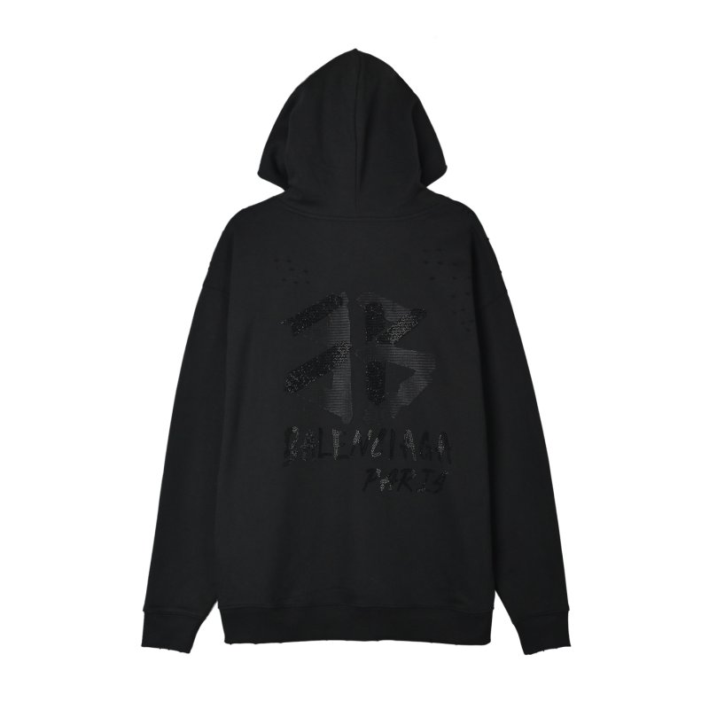 Black Embellished Hoodie with Chest Print view