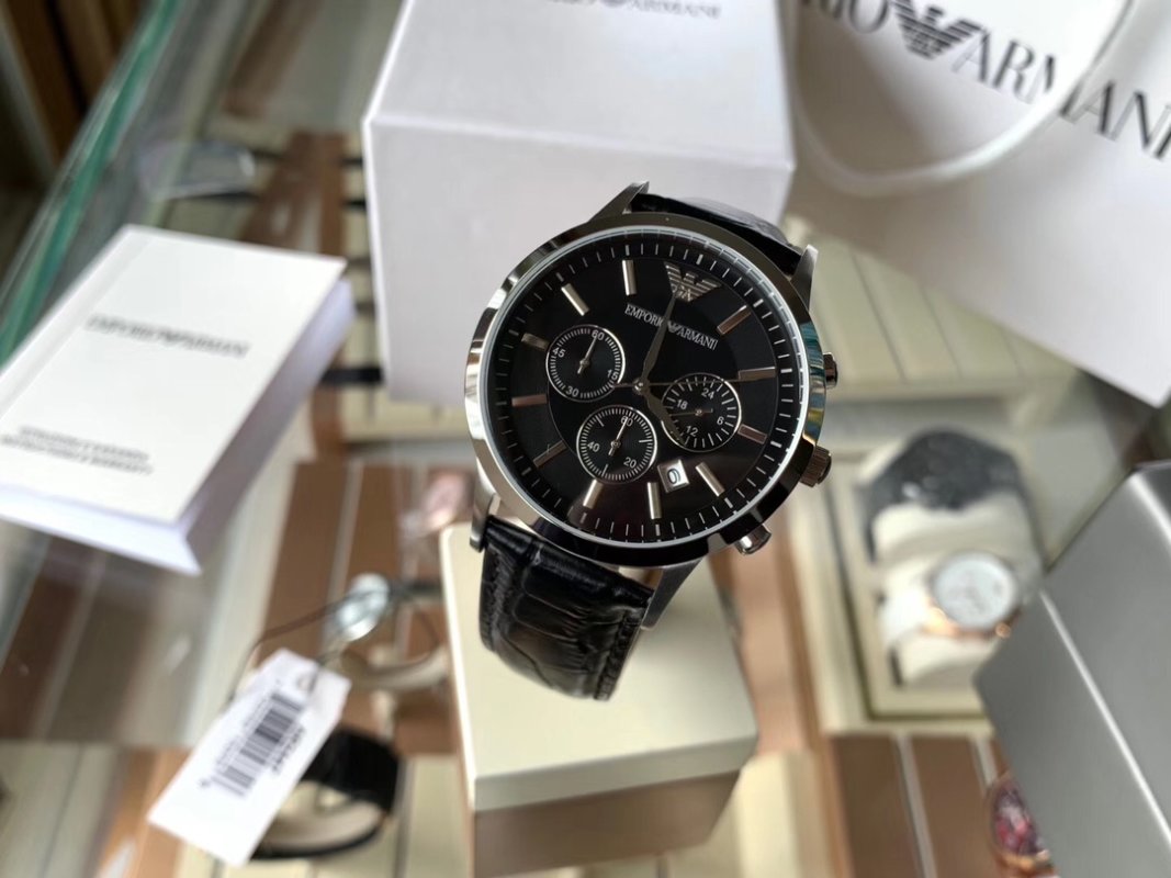 Armani AR2447 Black Chronograph Leather Watch - 43mm