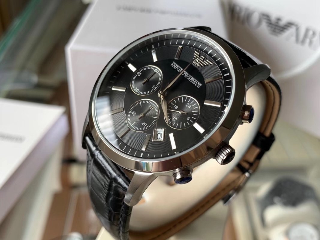 Armani AR2447 Black Chronograph Leather Watch - 43mm view