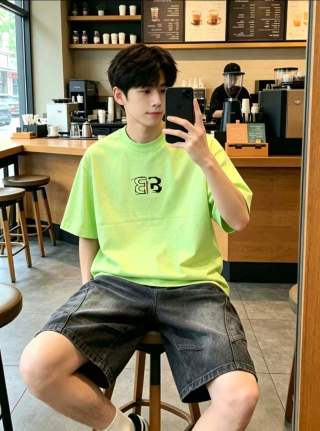 Balenciaga Double B Embroidered T-Shirt Neon Yellow view 2