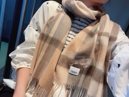 Burberry Check Cashmere Wool Blend Scarf Beige