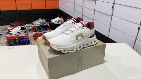 On Cloudmonster White Burgundy Gold Low-Top Running Shoe