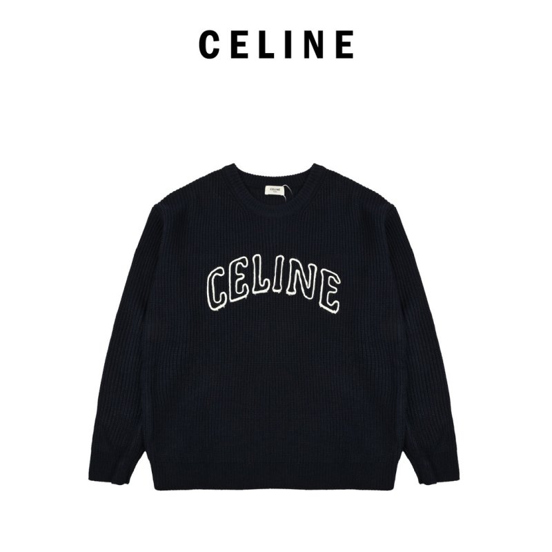 Celine Logo Embroidered Crewneck Sweater Navy Blue