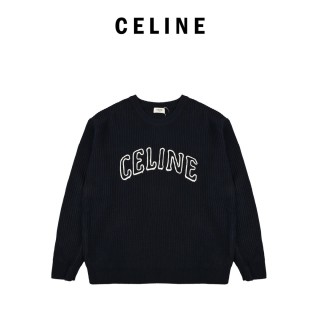 Celine Logo Embroidered Crewneck Sweater Navy Blue