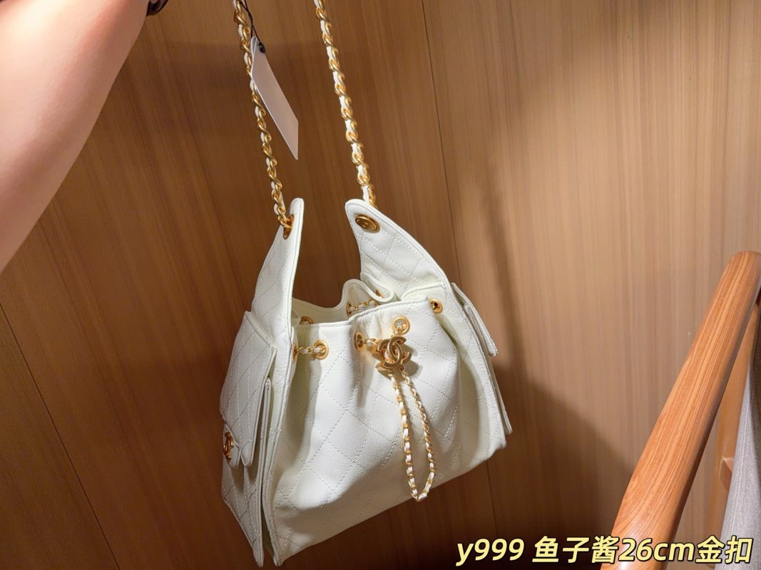 Chanel 25C Caviar Hobo Bucket Bag Cream Rep view