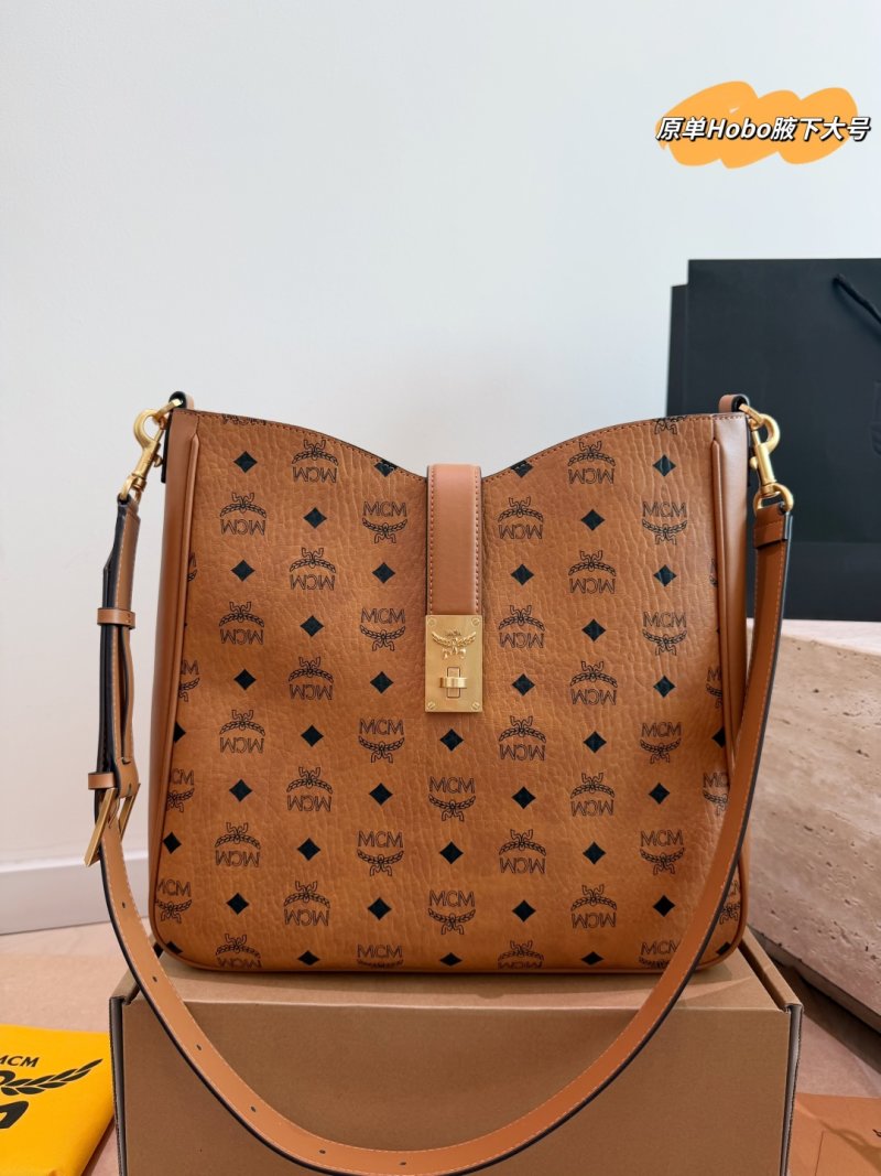 MCM Cognac Visetos Hobo Shoulder Bag with Lock Detail