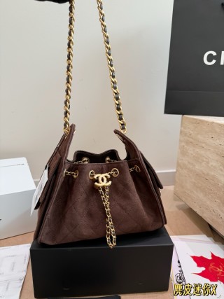 Chanel 25C Mini Hobo Bucket Bag Burgundy Suede UA Replica