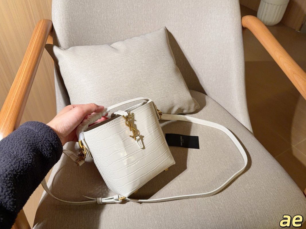 YSL LE 37 Crocodile Embossed Bucket Bag White view