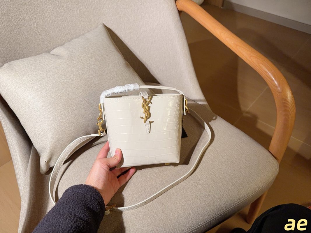 YSL LE 37 Crocodile Embossed Bucket Bag White view