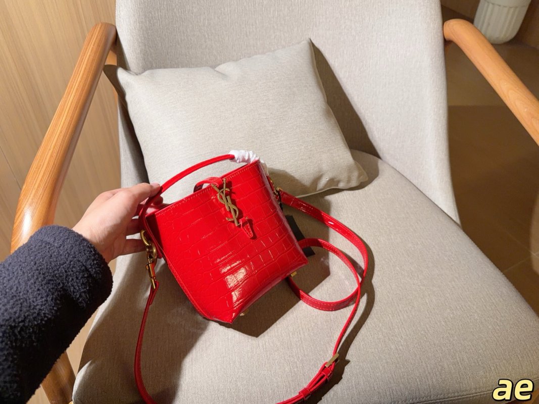 YSL LE 37 Crocodile Embossed Bucket Bag White view