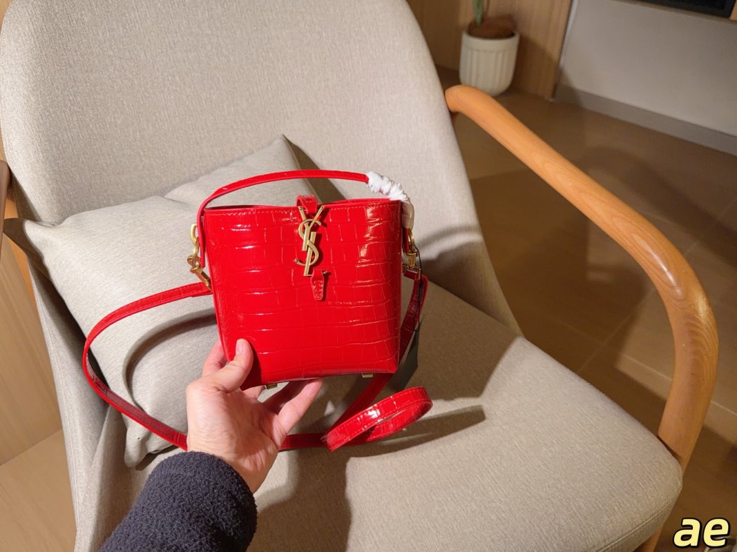 YSL LE 37 Crocodile Embossed Bucket Bag White view