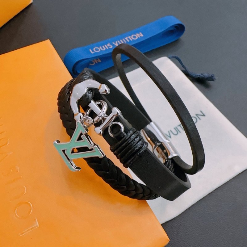 Louis Vuitton LV Initials Black Leather Bracelet with Metal Charm