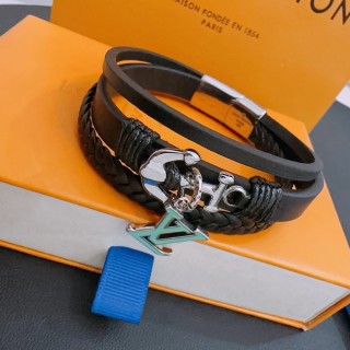 Louis Vuitton LV Initials Black Leather Bracelet with Metal Charm view 3