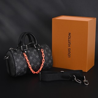Louis Vuitton Keepall 25 Black with Orange Acrylic Chain Strap view 7