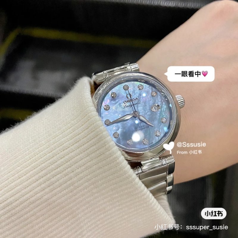Omega Ladymatic 34mm Mother-of-Pearl Diamond Blue Watch Rep view