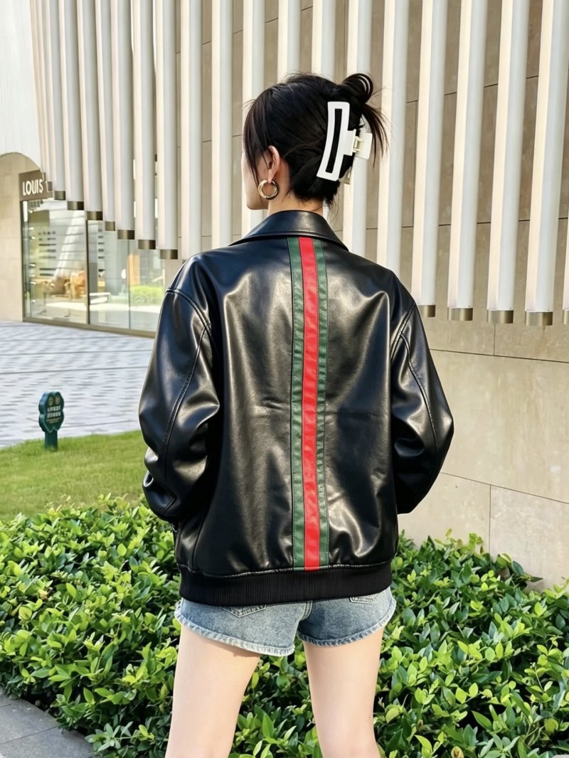 Gucci Web Stripe Black Leather Bomber Jacket view