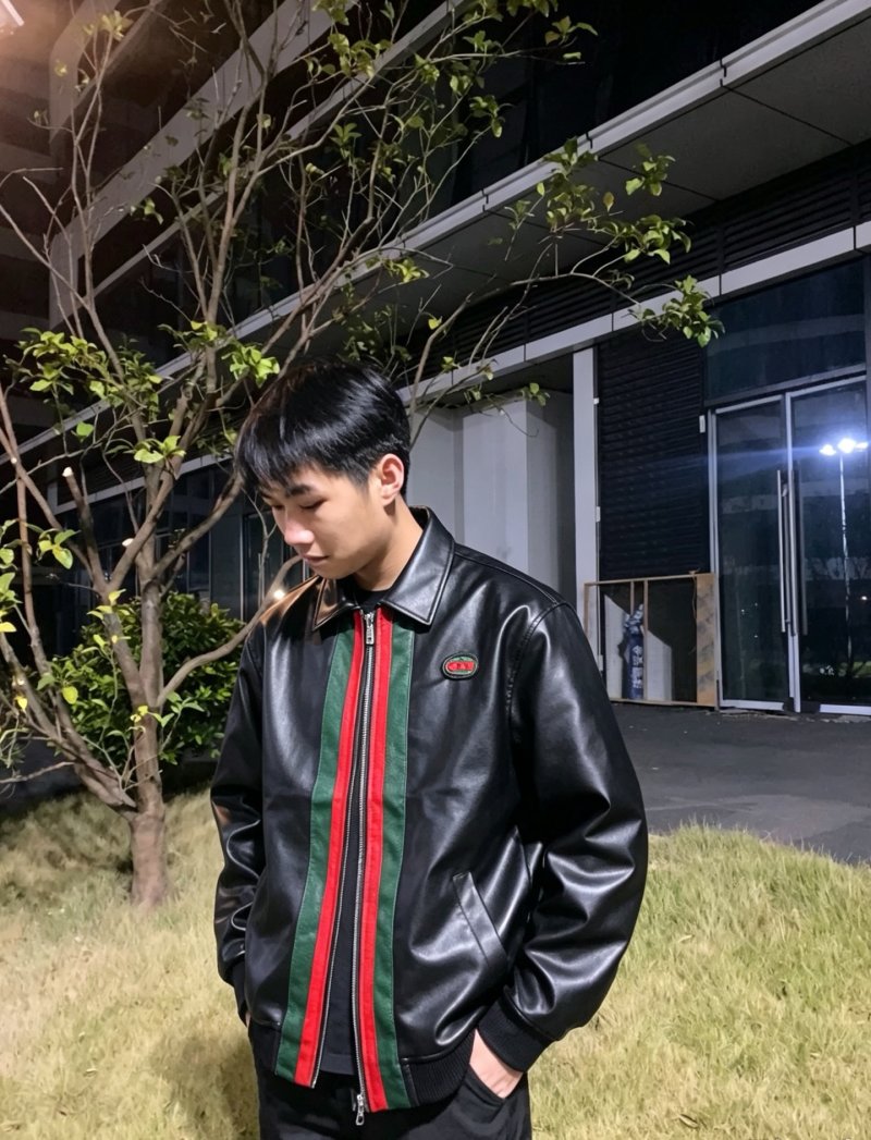 Gucci Web Stripe Black Leather Bomber Jacket view