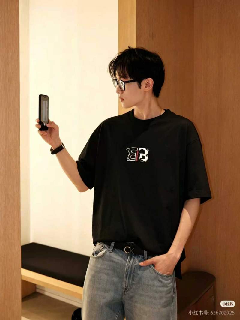 Balenciaga Double B Embroidered Black Short Sleeve T-Shirt