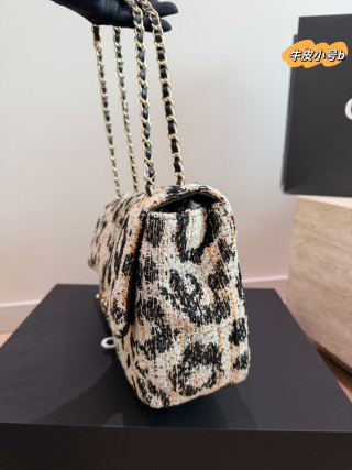 Chanel CF Maxi Leopard Tweed Shoulder Bag Cream Black view 5