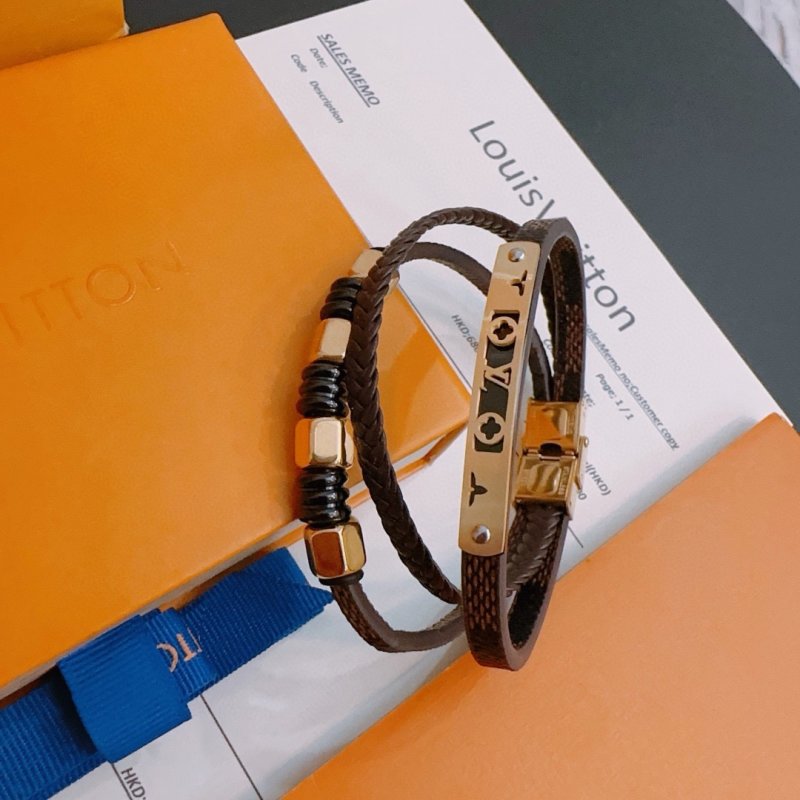 LV Monogram Leather Bracelet Stack Brown Gold Unisex