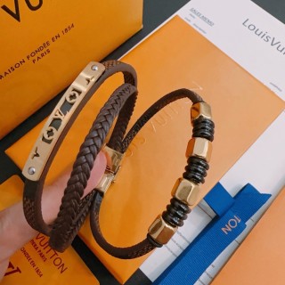 LV Monogram Leather Bracelet Stack Brown Gold Unisex view 3