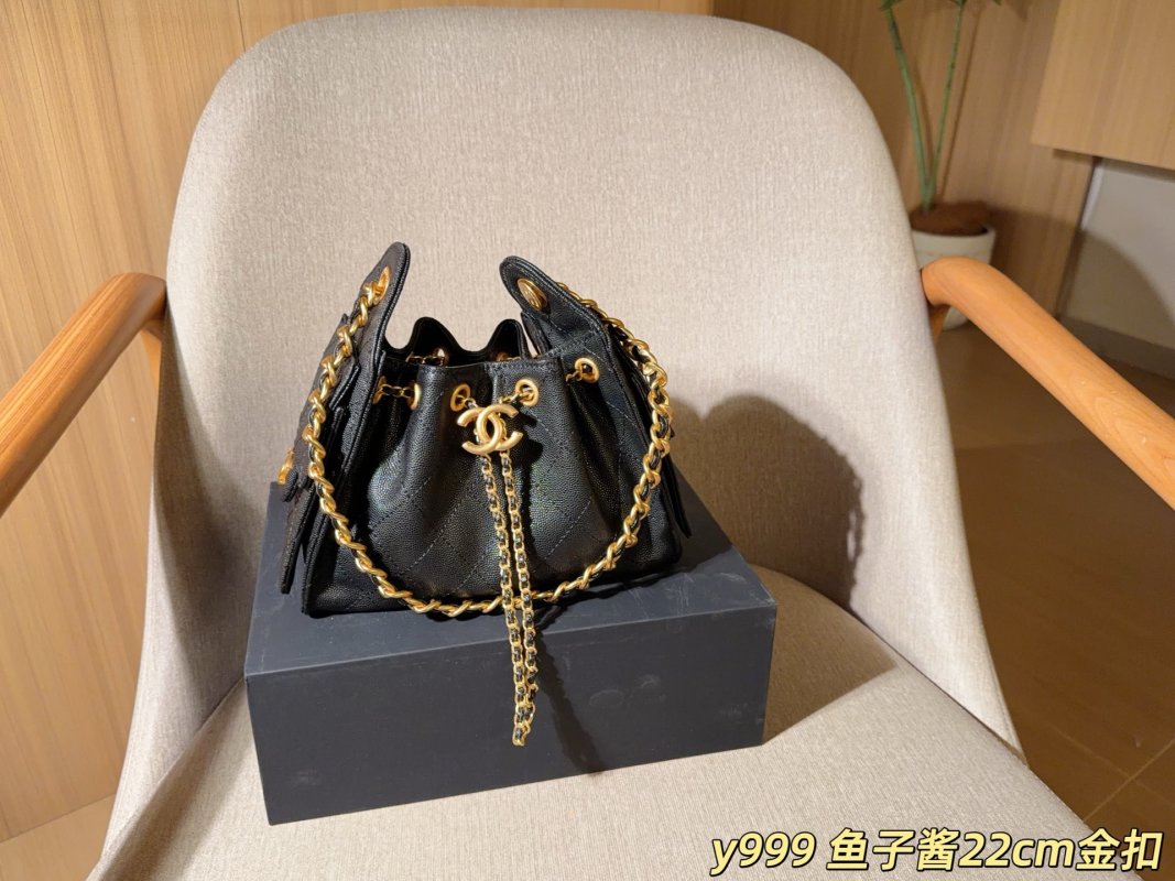 Chanel Classic Caviar Mini Bucket Hobo Bag Black Gold Chain
