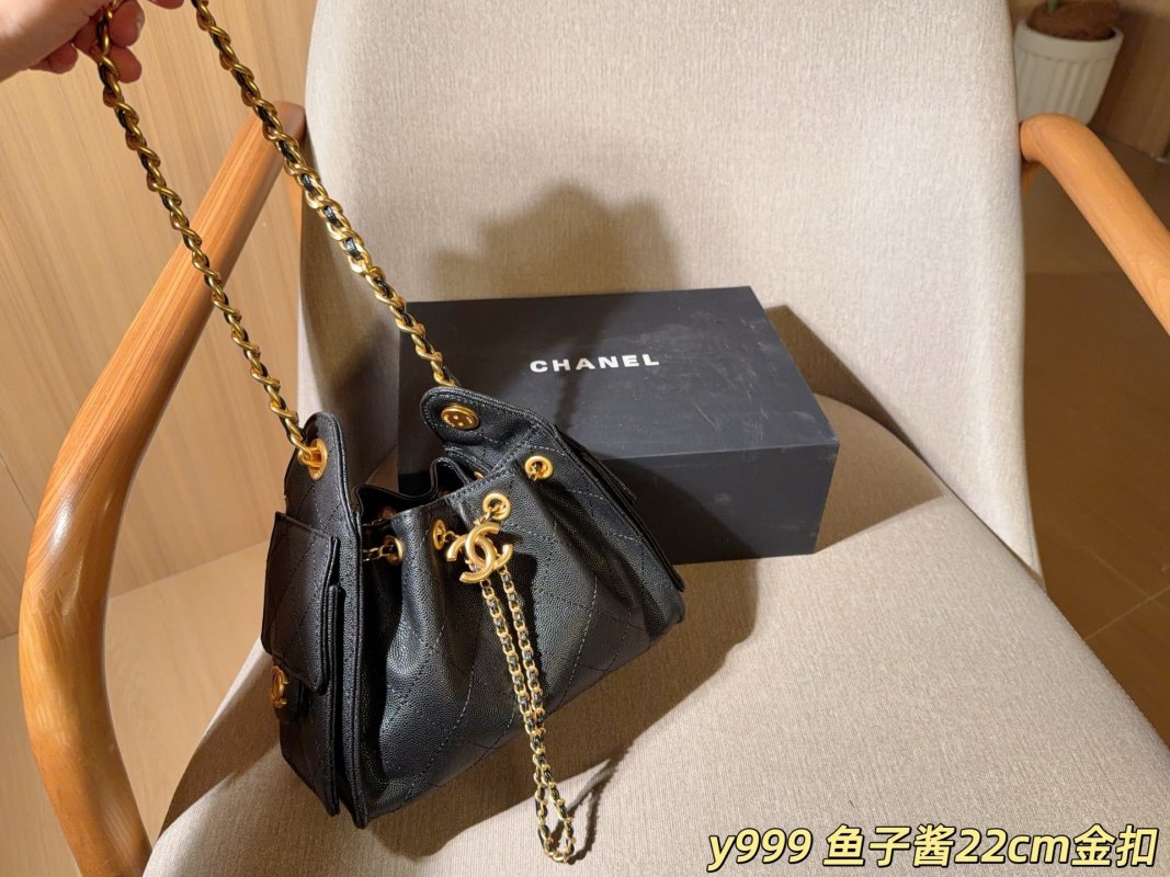 Chanel Classic Caviar Mini Bucket Hobo Bag Black Gold Chain view