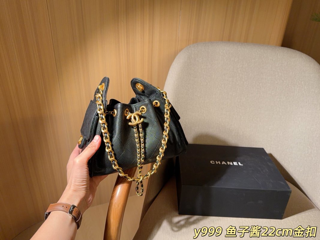 Chanel Classic Caviar Mini Bucket Hobo Bag Black Gold Chain view
