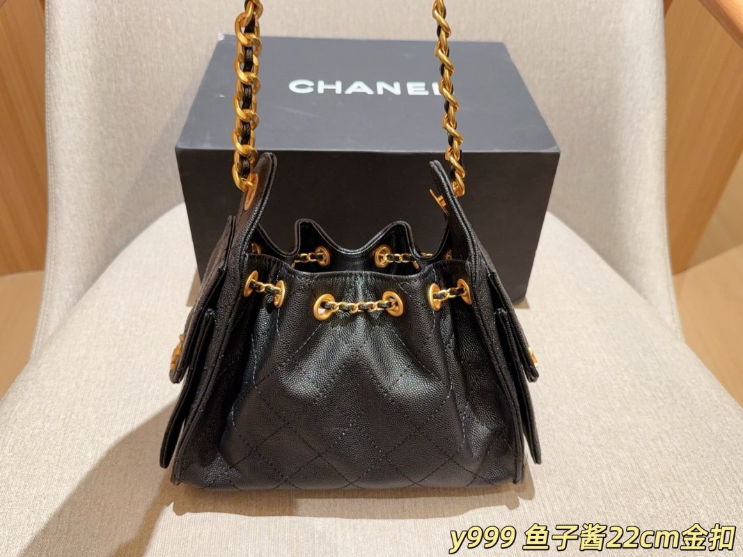 Chanel Classic Caviar Mini Bucket Hobo Bag Black Gold Chain view