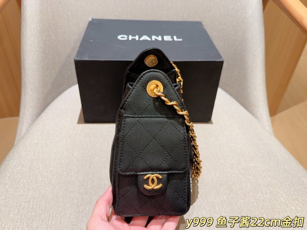 Chanel Classic Caviar Mini Bucket Hobo Bag Black Gold Chain view